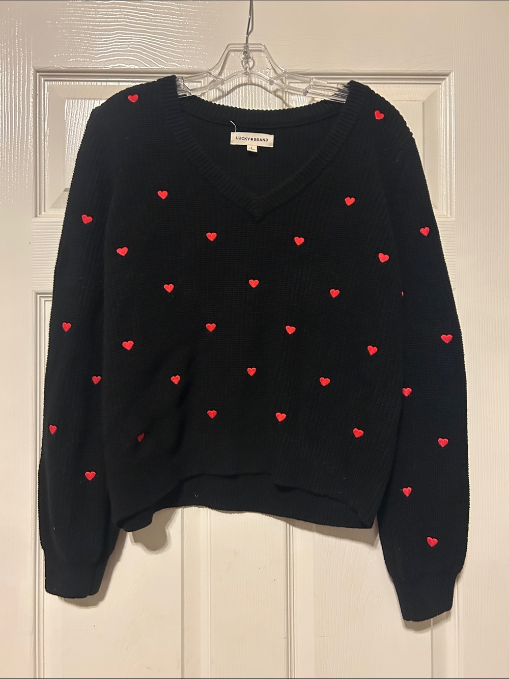Lucky Brand Black V-Neck Sweater with Red Heart Embroidery